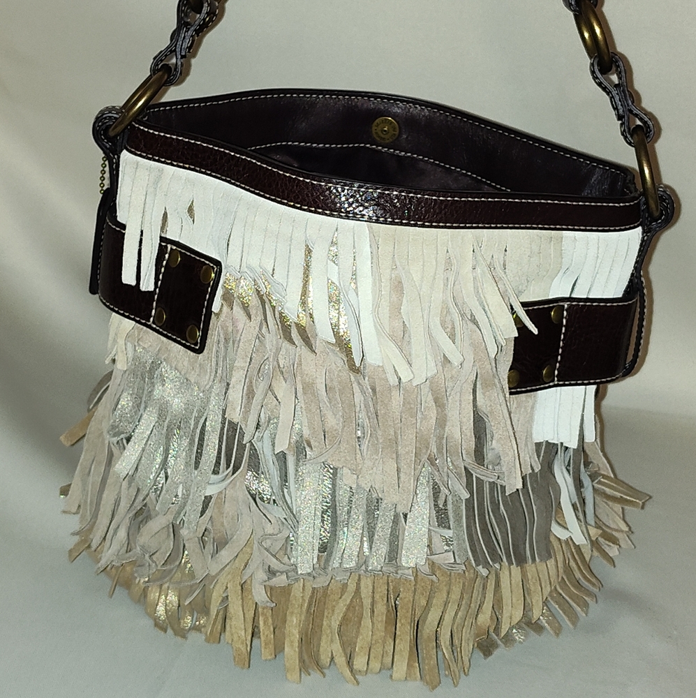 Coach Fringe Leather Hobo Bag - Cream and Brown